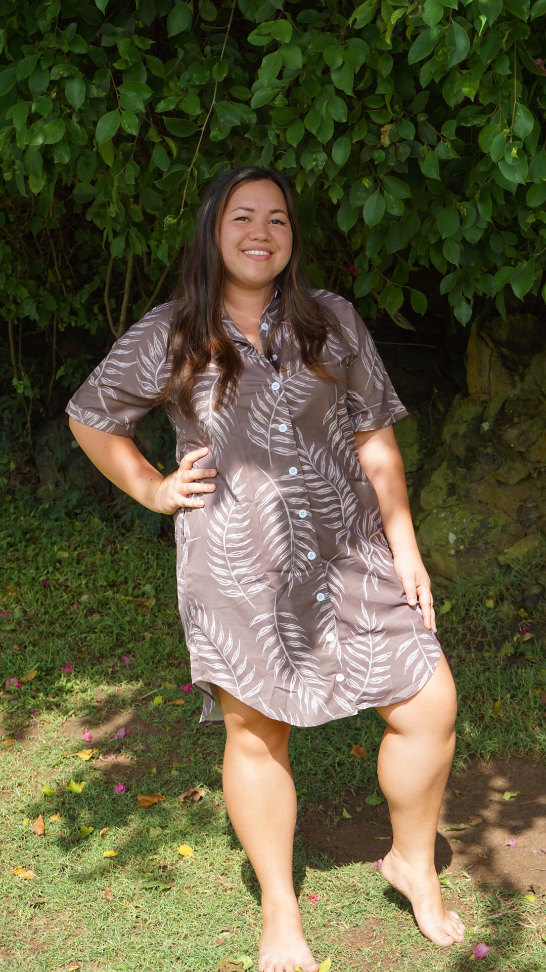 Aloha Shirt Dress - Shadow Fern in Coco