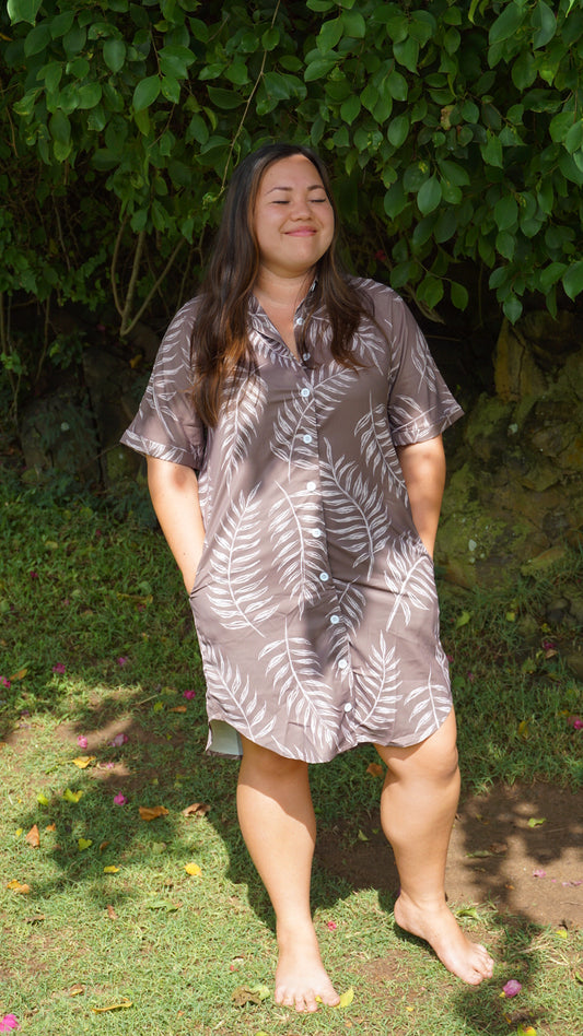 Aloha Shirt Dress - Shadow Fern in Coco